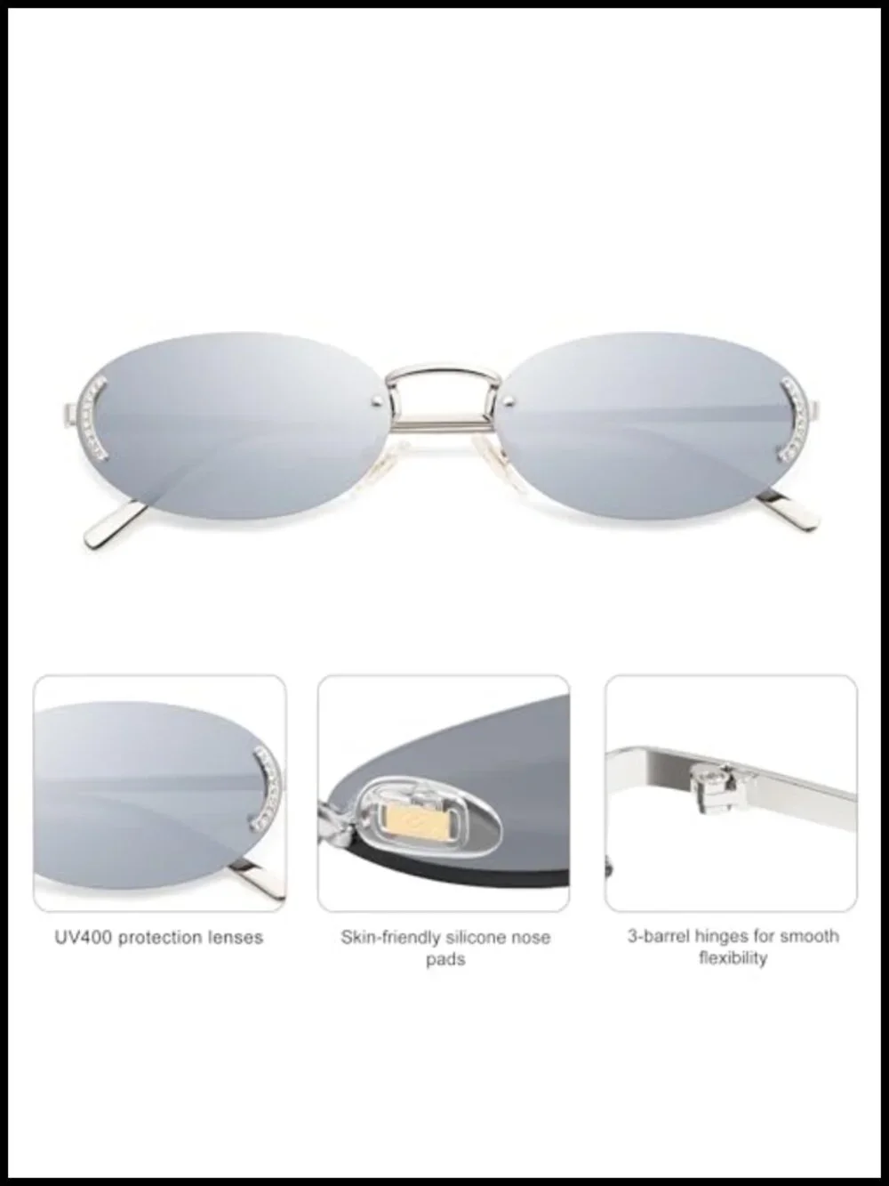 Trendy Oval Rimless Sunglasses with Rhinestones UV400 Protection